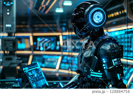 宇宙船のようなインターフェースで操作する未来型AIロボットたち 128884758