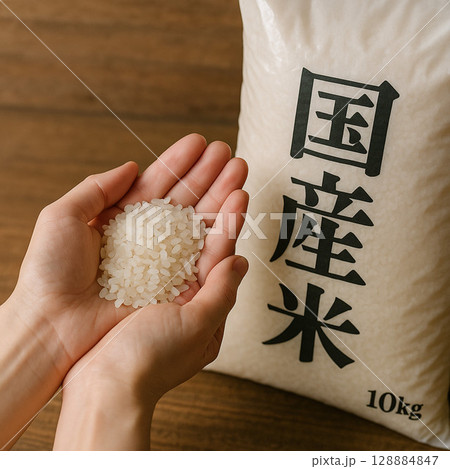 10kgの国産米米袋と白米を持つ手のイメージ写真素材 10kgの国産米米袋と白米を持つ手のイメージ写真素材 128884847
