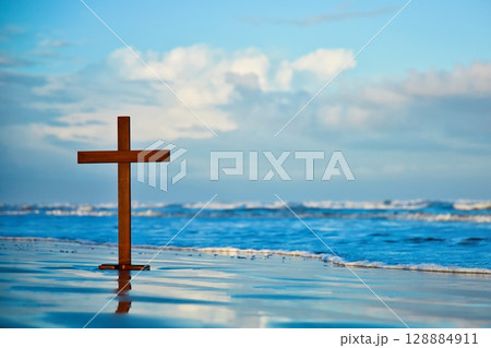 Wooden Cross On Beach Morning Cloud Sky Wooden Cross On Beach Morning Cloud Sky 128884911