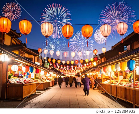 ランタン祭りの提灯のある風景　夜の灯りと賑わう日本の夏祭り 128884932