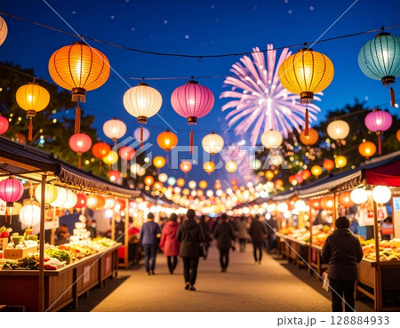 ランタン祭りの提灯のある風景　夜の灯りと賑わう日本の夏祭り 128884933