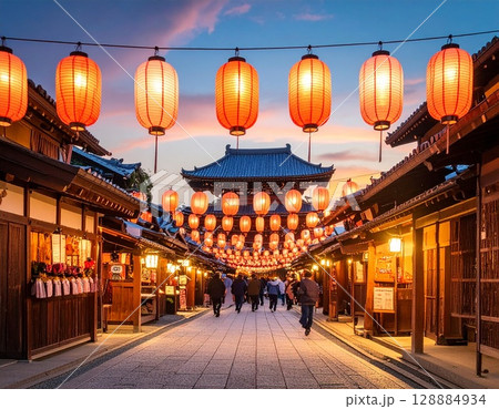 ランタン祭りの提灯のある風景　夜の灯りと賑わう日本の夏祭り 128884934
