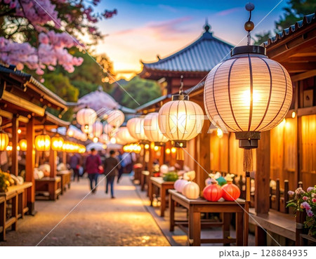 ランタン祭りの提灯のある風景　夜の灯りと賑わう日本の夏祭り 128884935