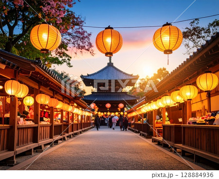 ランタン祭りの提灯のある風景　夜の灯りと賑わう日本の夏祭り 128884936