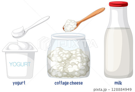 Dairy Products Illustration: Yogurt, Cottage Cheese, and Milk 128884949