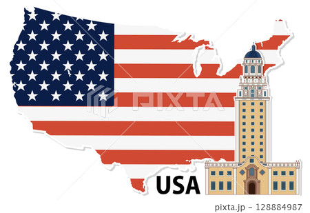 USA Map with Iconic American Landmark Illustration 128884987