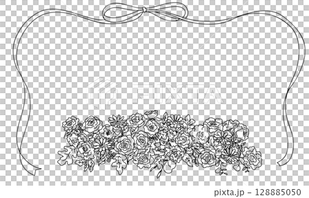 お洒落な線画の結婚式風花束イラストフレーム、シンプルリボン お洒落な線画の結婚式風花束イラストフレーム、シンプルリボン 128885050