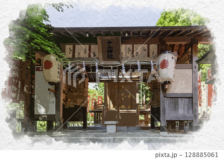 水彩画風 吉備津神社 十二神社 社殿 広島県福山市 水彩画風 吉備津神社 十二神社 社殿 広島県福山市 128885061