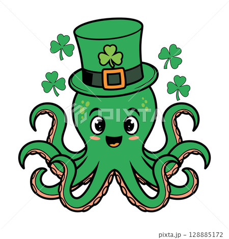 Cute Green Octopus Wearing St. Patrick Day Hat with Shamrocks 128885172