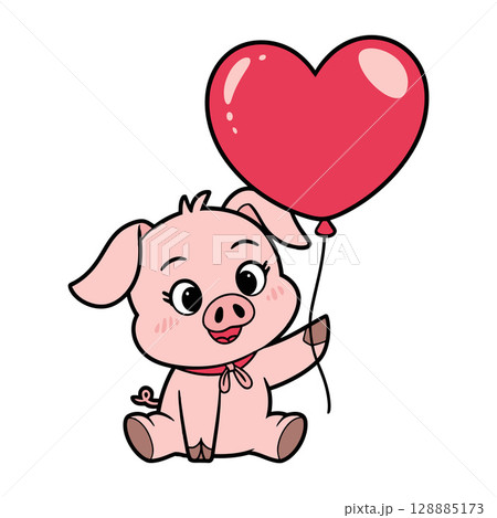 Cute Cartoon Pig Holding Red Heart Balloon Cute Cartoon Pig Holding Red Heart Balloon 128885173