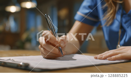 テーブルで勉強をする若手介護士たちの手元 128885225