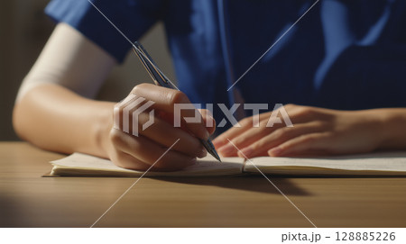 テーブルで勉強をする若手介護士たちの手元 128885226