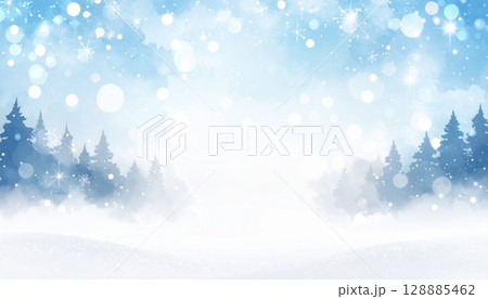 雪の結晶が描かれた水彩画の冬の森 128885462