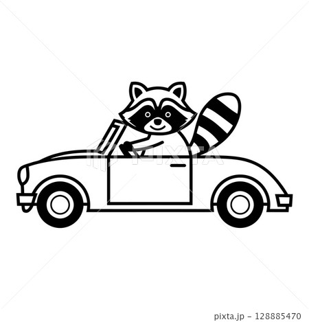 Cartoon Raccoon Driving Car Black and White Line Drawing 128885470