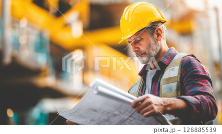 Construction worker blueprint safety helmet male adult engineer planning building 128885539