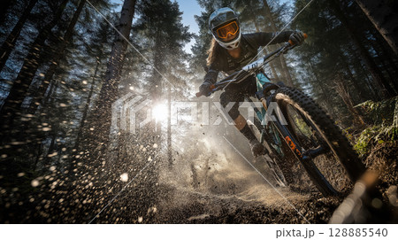 Mountain bike forest action dirt sunlight speed athlete helmet race outdoor adventure Mountain bike forest action dirt sunlight speed athlete helmet race outdoor adventure 128885540
