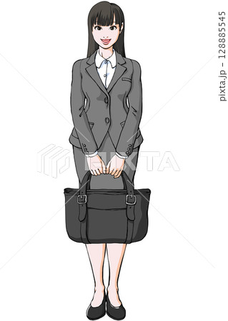 鞄を前に持ったスーツ姿の若い女性_直立正面全身笑顔 鞄を前に持ったスーツ姿の若い女性_直立正面全身笑顔 128885545