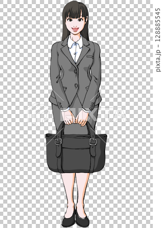 鞄を前に持ったスーツ姿の若い女性_直立正面全身笑顔 鞄を前に持ったスーツ姿の若い女性_直立正面全身笑顔 128885545