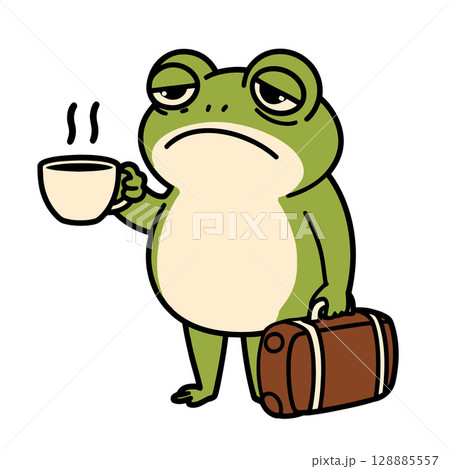 Tired Cartoon Frog with Coffee and Suitcase 128885557