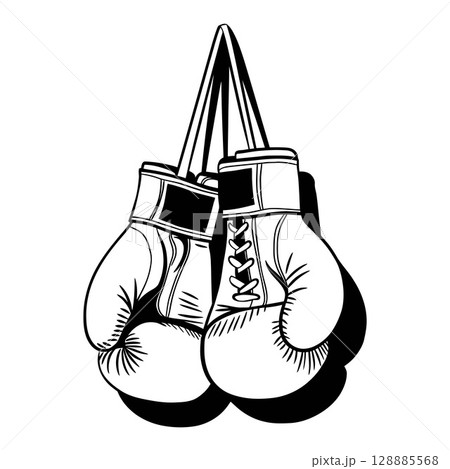 Boxing Gloves Hanging Black and White Illustration Boxing Gloves Hanging Black and White Illustration 128885568