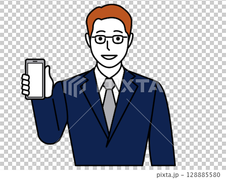 一名身穿海軍藍西裝的男子展示他的智慧型手機螢幕 128885580