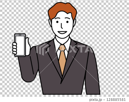 スマホの画面を見せるチャコールのスーツの男性 128885581