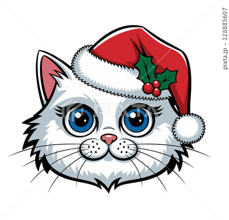 Christmas Cat Face with Santa Hat Illustration Christmas Cat Face with Santa Hat Illustration 128885607