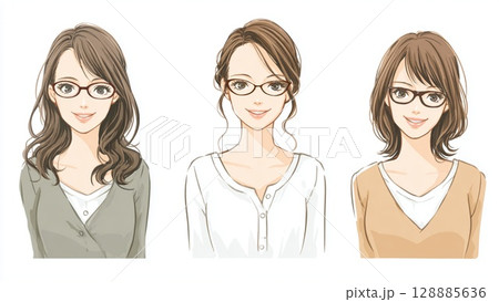 知的な雰囲気の白シャツと眼鏡で微笑む3人の女性（ポートレート） 128885636