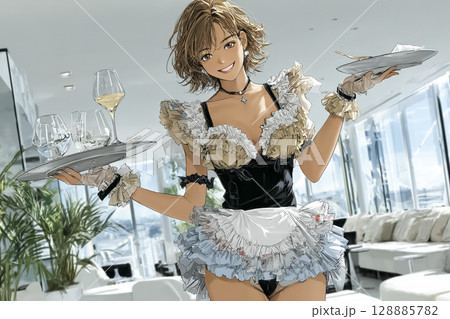 メイドカフェ　飲み物を運ぶメイドのイラスト素材 128885782