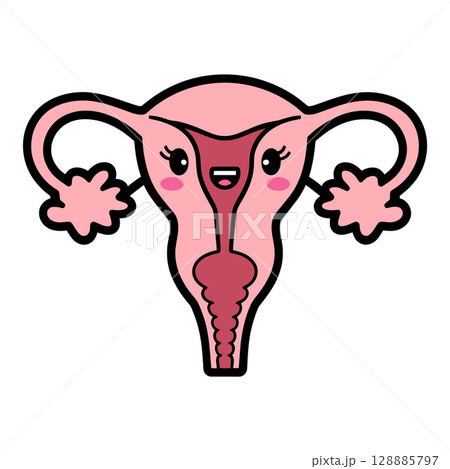 Cartoon Uterus with Smiling Face and Ovaries Illustration 128885797