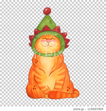 Cat in a Christmas elf hat, Santa's assistant. Watercolor illustration hand drawn, cartoon. Drawing for stickers, cards, scrapbooking. Cat, pet, toy, costume, hat, masque Cat in a Christmas elf hat, Santa's assistant. Watercolor illustration hand drawn, cartoon. Drawing for stickers, cards, scrapbooking. Cat, pet, toy, costume, hat, masque 128885904