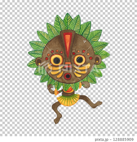 Dancing african aborigine in brown round mask with green leaves frame in yellow skirt. Watercolor illustration, hand drawn, cartoon. Drawing for poster, stickers, print. Africa, mask, funny, character 128885909