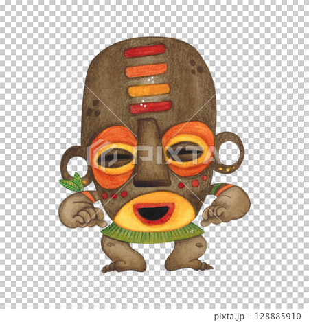 Crouching African aborigine in a brown mask with a bright pattern and big ears. Watercolor illustration, hand drawn, cartoon. Drawing for poster, stickers, print. Africa, mask, funny, character 128885910