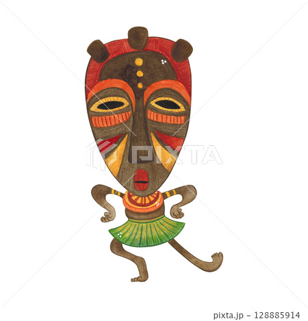 Dancing African aborigine in colorful mask. Watercolor illustration hand drawn, cartoon. Drawing for poster, stickers, print. Africa, mask, funny, character 128885914