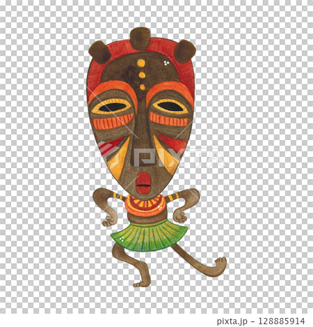 Dancing African aborigine in colorful mask. Watercolor illustration hand drawn, cartoon. Drawing for poster, stickers, print. Africa, mask, funny, character 128885914