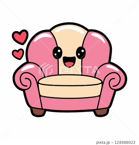 Cute Pink Armchair Cartoon with Smiling Face and Hearts 128886022