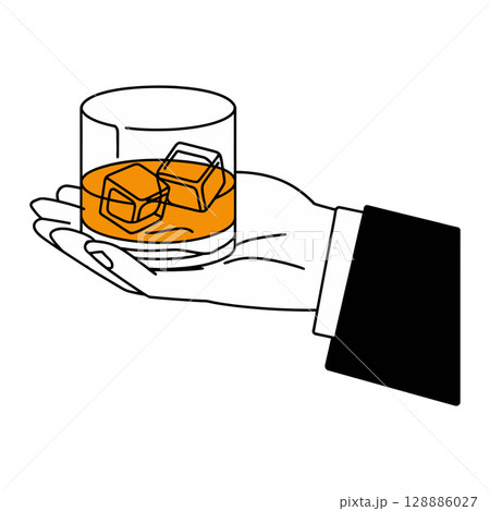 Hand Holding Whiskey Glass with Ice Cubes Illustration 128886027