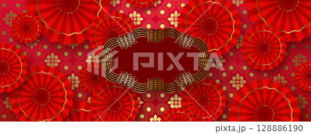 Chinese New Year. Exquisite red greeting card with isolated figured frame 128886190