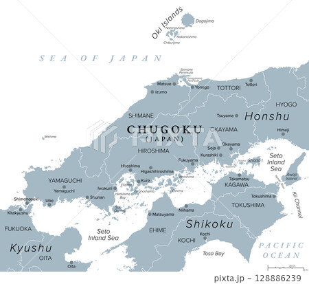 Chugoku, region of Japan, gray political map. Also known as Sanin-Sanyo region, the westernmost region of Honshu, consisting of the prefectures of Hiroshima, Okayama, Shimane, Tottori, and Yamaguchi. Chugoku, region of Japan, gray political map. Also known as Sanin-Sanyo region, the westernmost region of Honshu, consisting of the prefectures of Hiroshima, Okayama, Shimane, Tottori, and Yamaguchi. 128886239