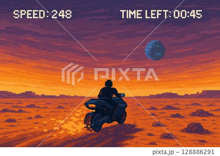 荒野を駆け抜けるピクセルバイクと速度表示UI 128886291