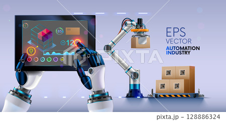 Hands of humanoid robot hold tablet in hands. first-person view. Robot on tablet controls loading of boxes on to pallet. AI controls operation of industrial robot arm on factory. AI in industry 4.0 Hands of humanoid robot hold tablet in hands. first-person view. Robot on tablet controls loading of boxes on to pallet. AI controls operation of industrial robot arm on factory. AI in industry 4.0 128886324