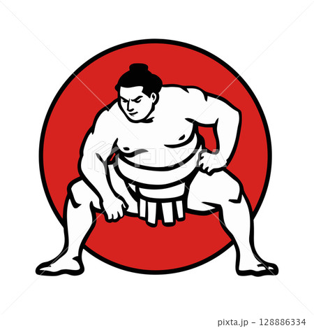Stylized Sumo Wrestler in Traditional Stance with Red Circle Background 128886334