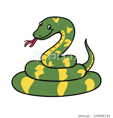 Cartoon Green Snake with Yellow Patches and Red Tongue Cartoon Green Snake with Yellow Patches and Red Tongue 128886336