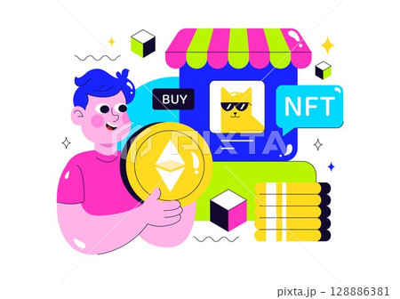 NFT Non Fungible Token Vector Illustration Featuring Crypto Art Being Converted Into a Digital Network with Coin Servers in a Flat Background 128886381