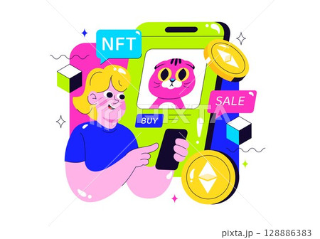 NFT Non Fungible Token Vector Illustration Featuring Crypto Art Being Converted Into a Digital Network with Coin Servers in a Flat Background NFT Non Fungible Token Vector Illustration Featuring Crypto Art Being Converted Into a Digital Network with Coin Servers in a Flat Background 128886383