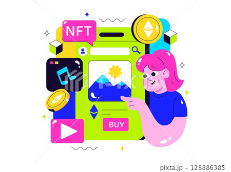 NFT Non Fungible Token Vector Illustration Featuring Crypto Art Being Converted Into a Digital Network with Coin Servers in a Flat Background 128886385