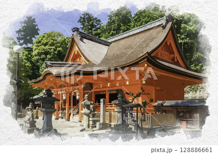 水彩画風　吉備津神社　本殿　広島県福山市 128886661