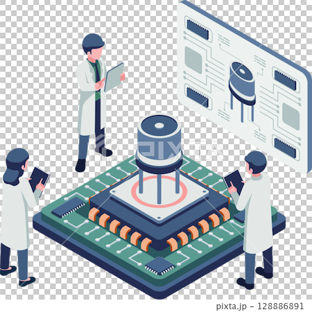 Isometric Engineer Working on Transistor and Semiconductor Design 128886891