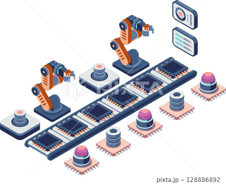 Isometric Robotic Assembly Line for Semiconductor Manufacturing Isometric Robotic Assembly Line for Semiconductor Manufacturing 128886892