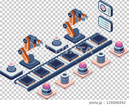 Isometric Robotic Assembly Line for Semiconductor Manufacturing Isometric Robotic Assembly Line for Semiconductor Manufacturing 128886892